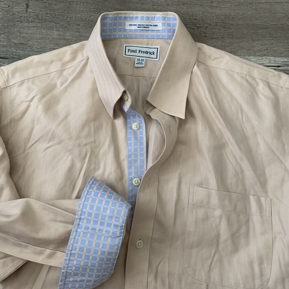 Paul Fredrick Shirt Mens 16-33 Tan Non Iron Two-Ply Dobby Cotton Dress Contrast